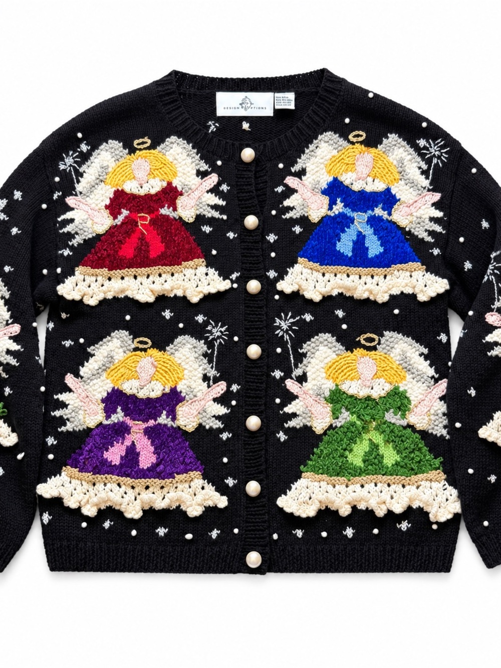 Vintage Design Options Angel Christmas Cardigan Sweater S 3D Pearl Beaded